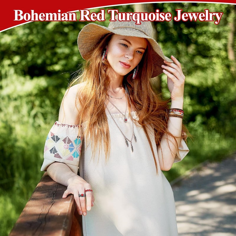 Ecally Store Bohemian Western Jewelry Turquoise Set Women Country Pendant Long Choker Layered Bracelets Earrings Ring for Women - Image 4